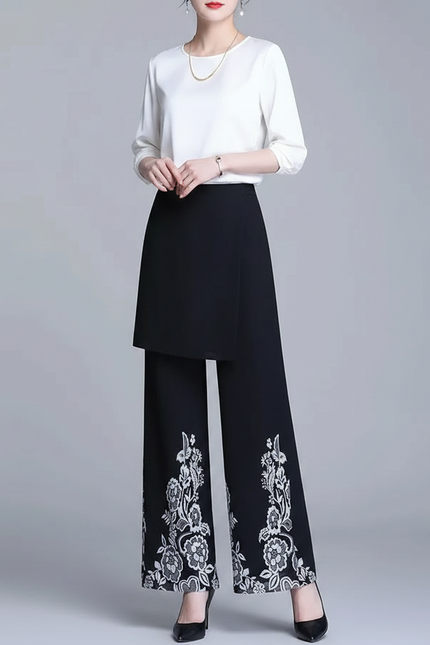 Pantalon Jupe Noir Brodé Ample Élégant - Polyester