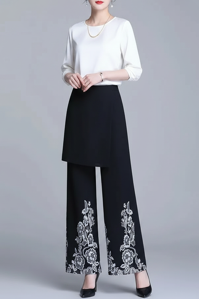 Pantalon Jupe Noir Brodé Ample Élégant - Polyester