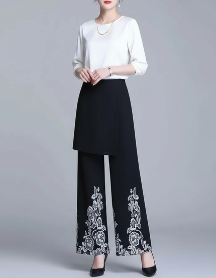 Pantalon Jupe Noir Brodé Ample Élégant - Polyester