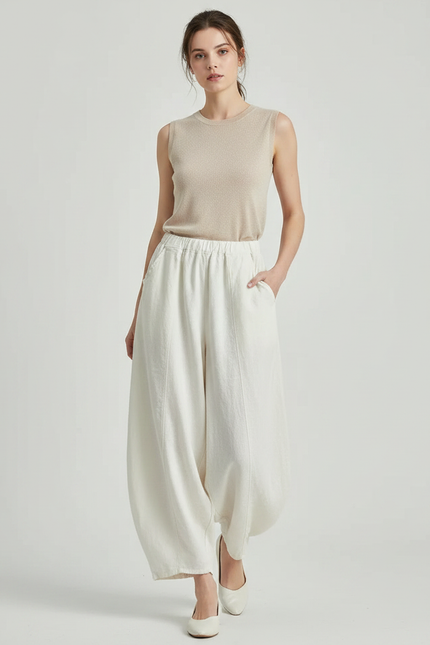 Pantalon Jupe Ample Lin Coton Écru Femme - Blanc