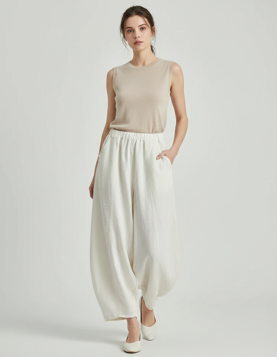 Pantalon Jupe Ample Lin Coton Écru Femme - Blanc