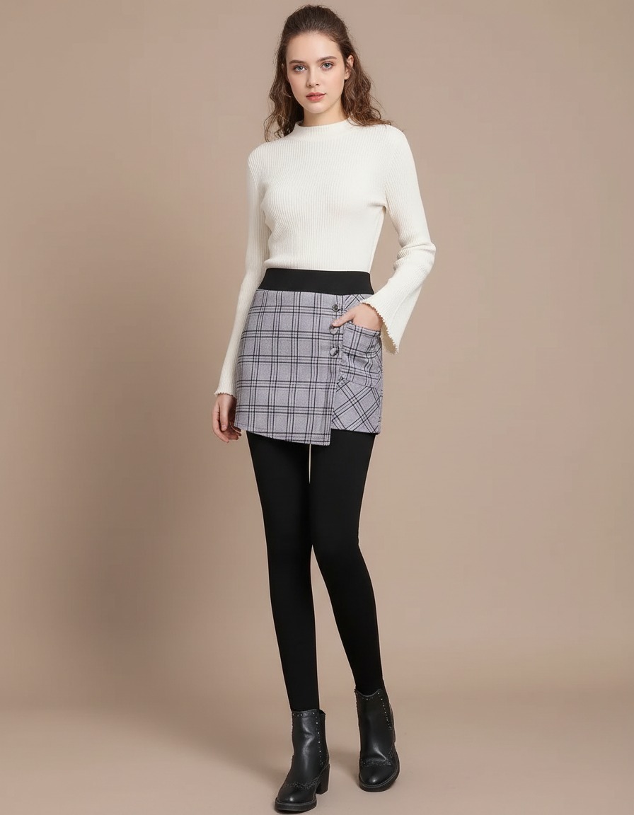 Pantalon Jupe Noir Plaid Asymétrique Hiver Épais - Maille