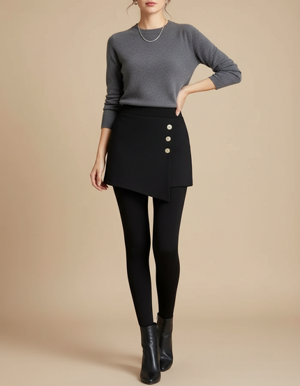 Pantalon Jupe Noir Asymétrique Boutons Élégant Intégré - Maille