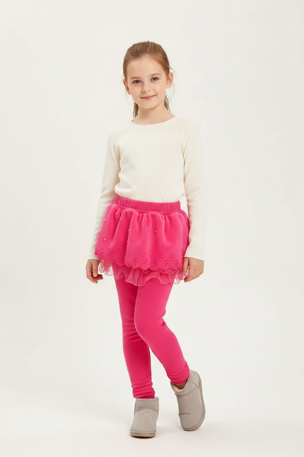 Pantalon Jupe Rose Brodé Superposé Confortable Fille - Molleton