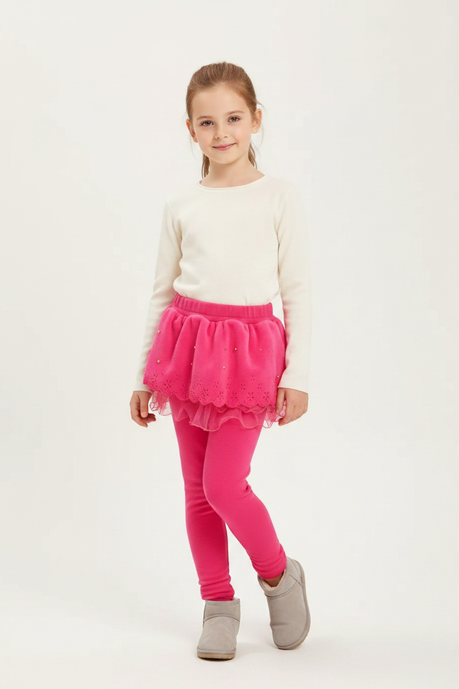 Pantalon Jupe Rose Brodé Superposé Confortable Fille - Molleton