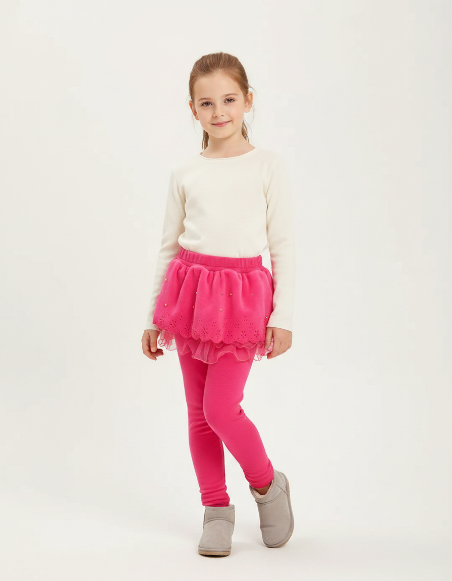 Pantalon Jupe Rose Brodé Superposé Confortable Fille - Molleton