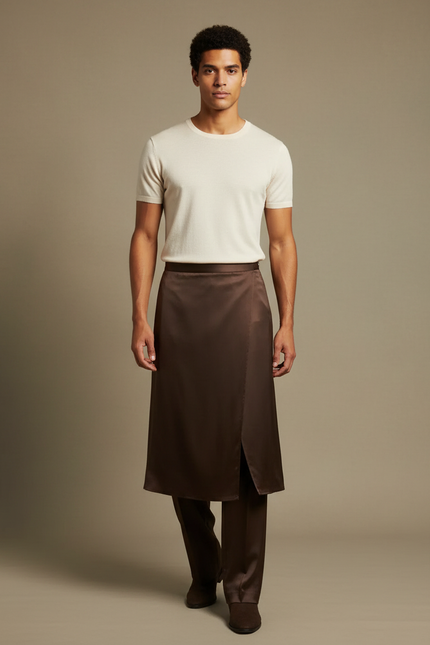 Pantalon Jupe Marron Satin Long Élégant Homme