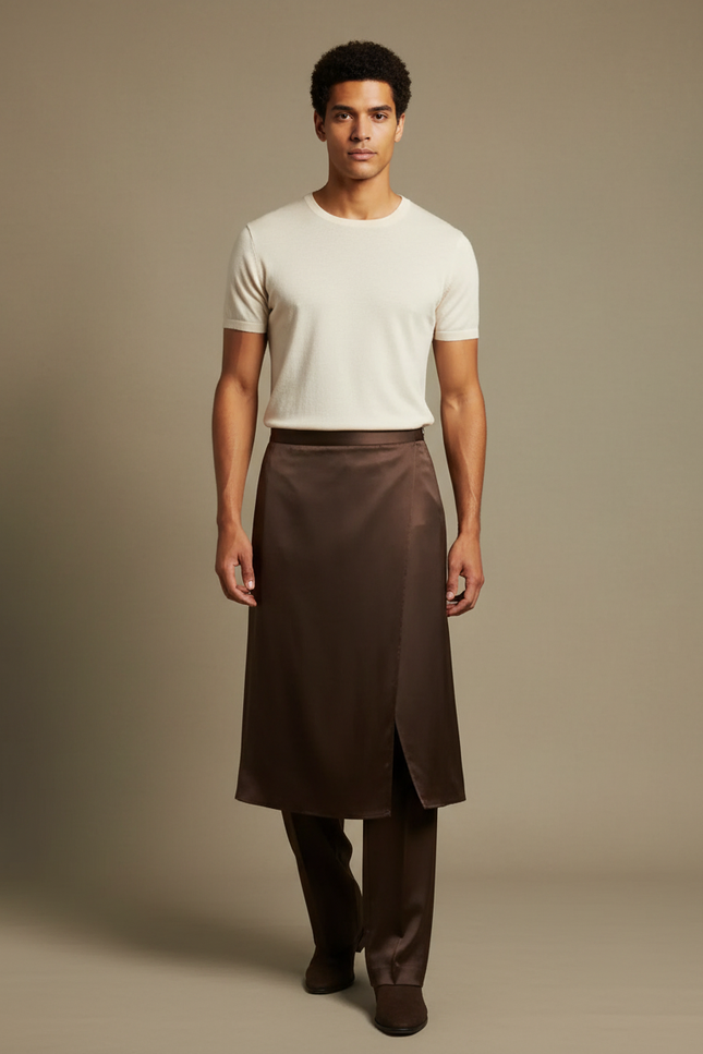 Pantalon Jupe Marron Satin Long Élégant Homme
