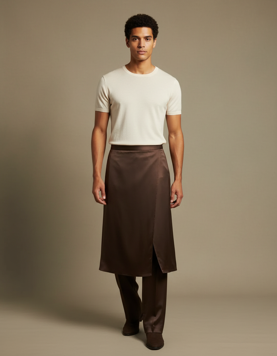 Pantalon Jupe Marron Satin Long Élégant Homme