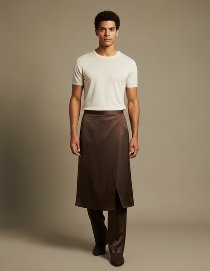 Pantalon Jupe Marron Satin Long Élégant Homme