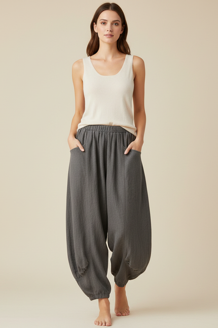 Pantalon Jupe Gris Ample Coton Lin Décontracté