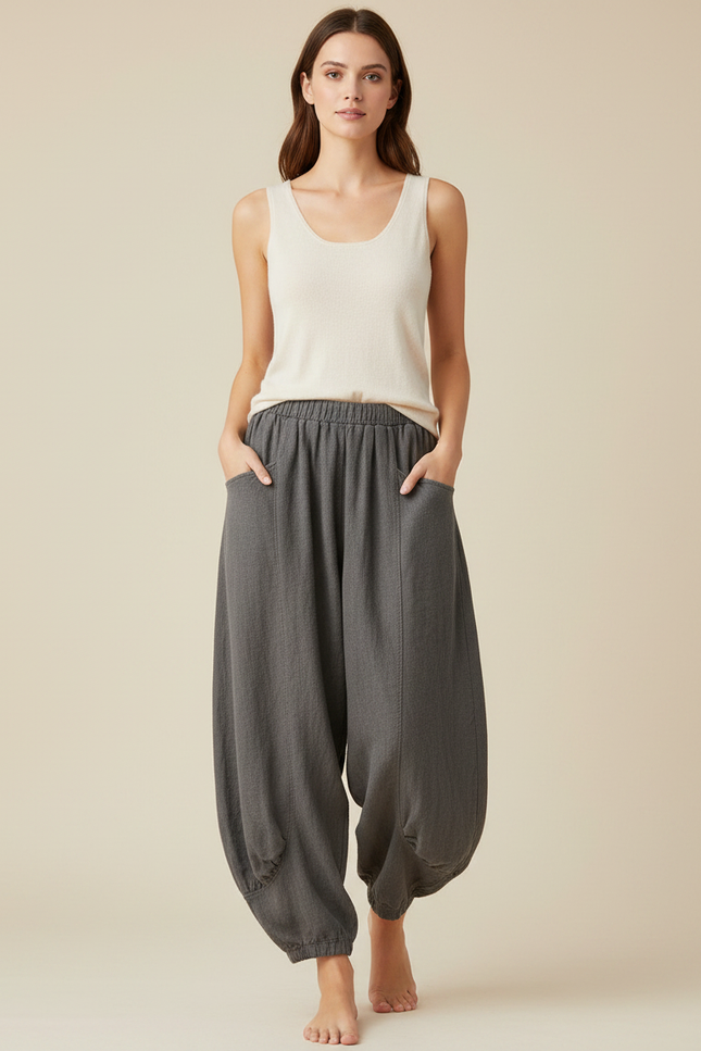 Pantalon Jupe Gris Ample Coton Lin Décontracté