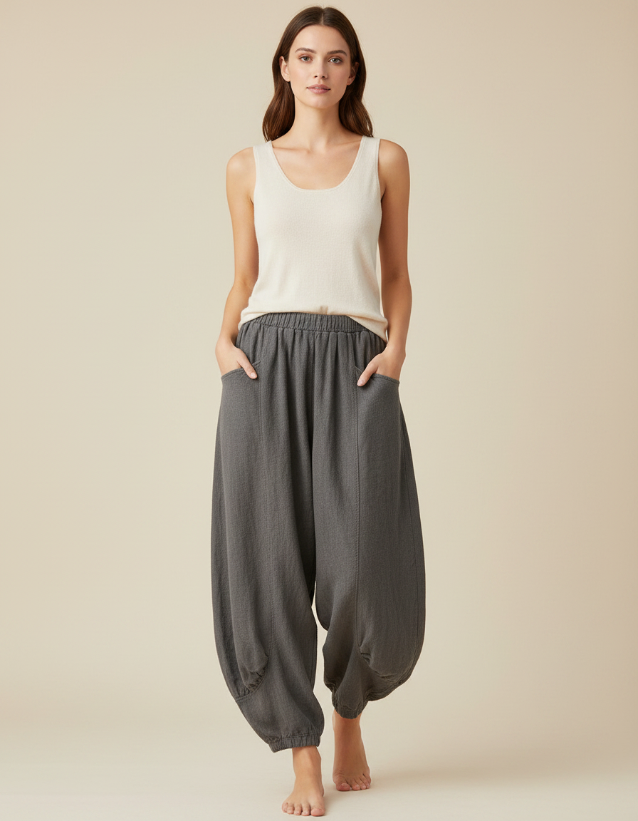 Pantalon Jupe Gris Ample Coton Lin Décontracté