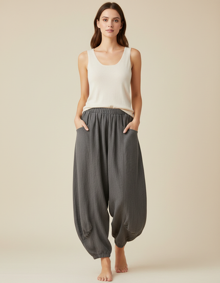 Pantalon Jupe Gris Ample Coton Lin Décontracté