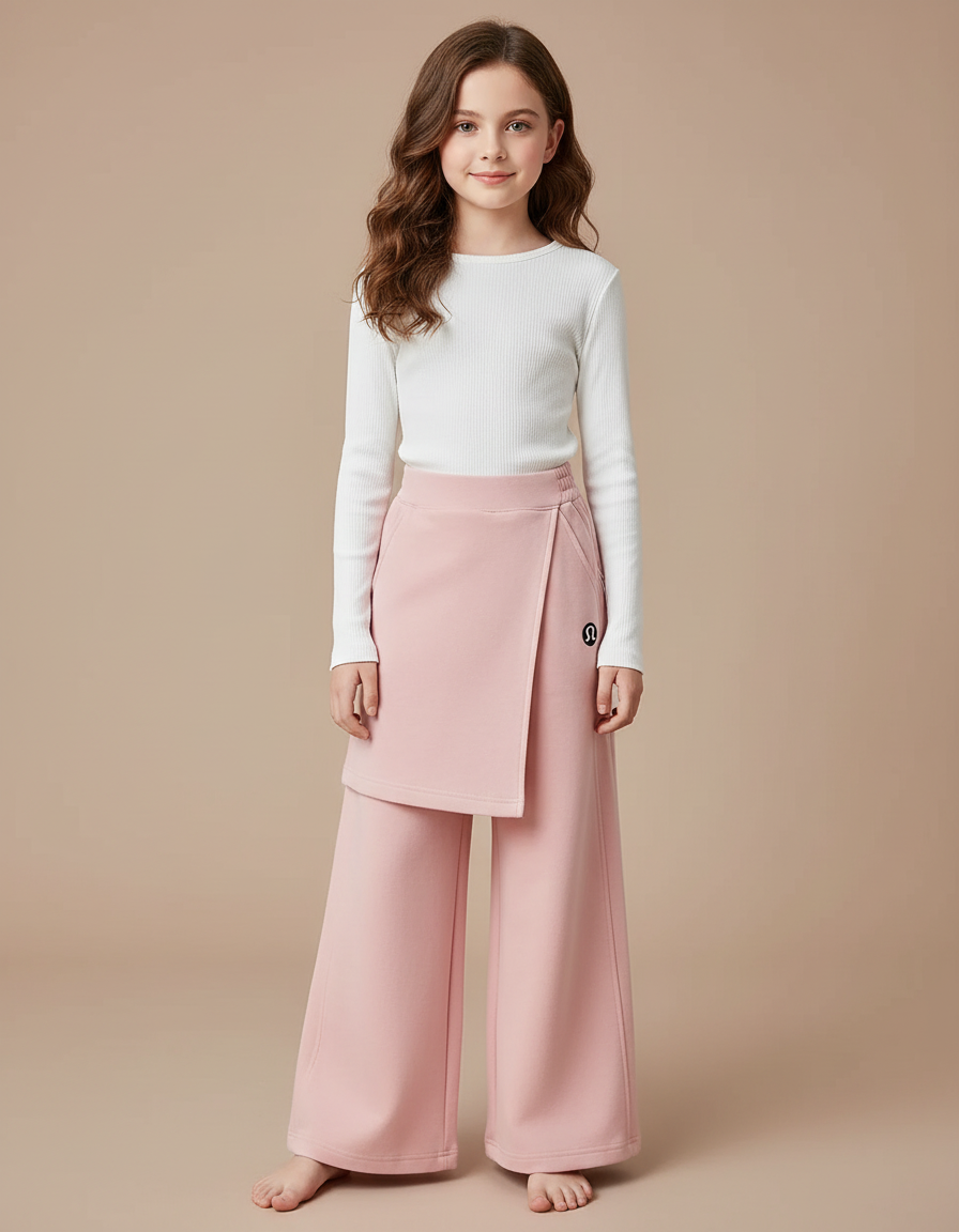 Pantalon Jupe Rose Ample Asymétrique Côtelé Fille - Molleton