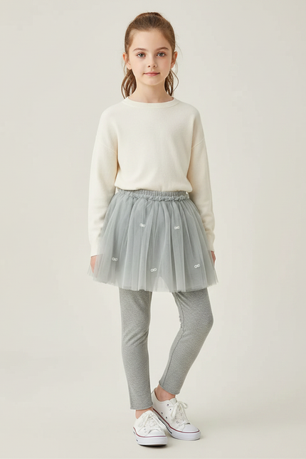 Pantalon Jupe Tulle Gris Perles Intégrées Fille - Maille