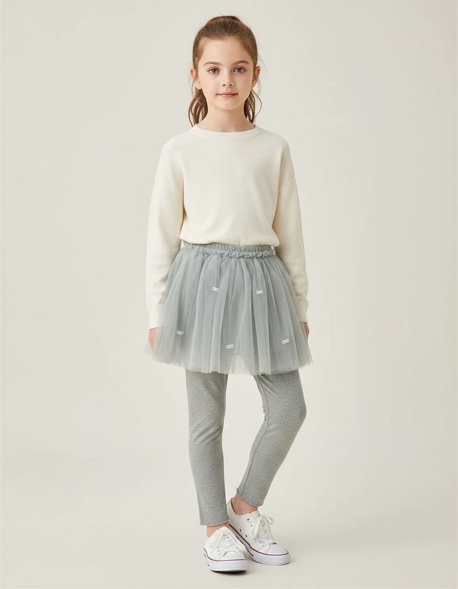 Pantalon Jupe Tulle Gris Perles Intégrées Fille - Maille