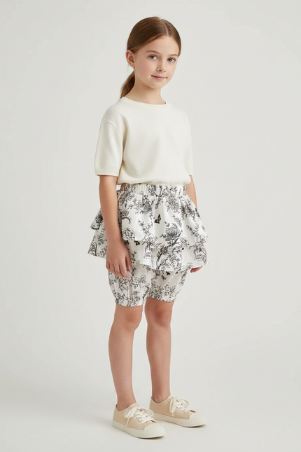 Pantalon Jupe Blanc Volants Imprimé Floral Fille - Coton