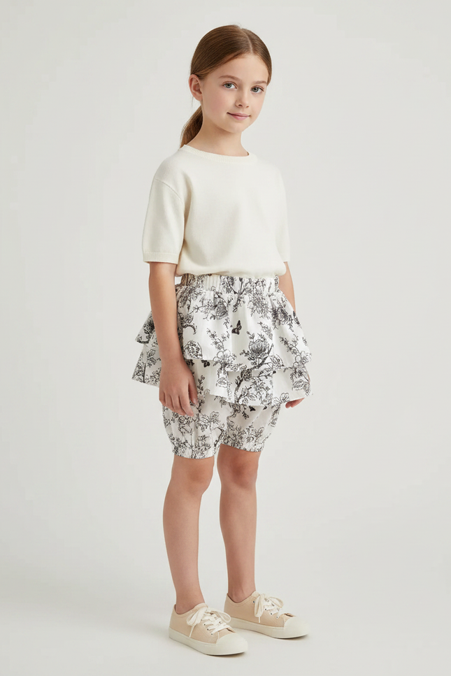 Pantalon Jupe Blanc Volants Imprimé Floral Fille - Coton