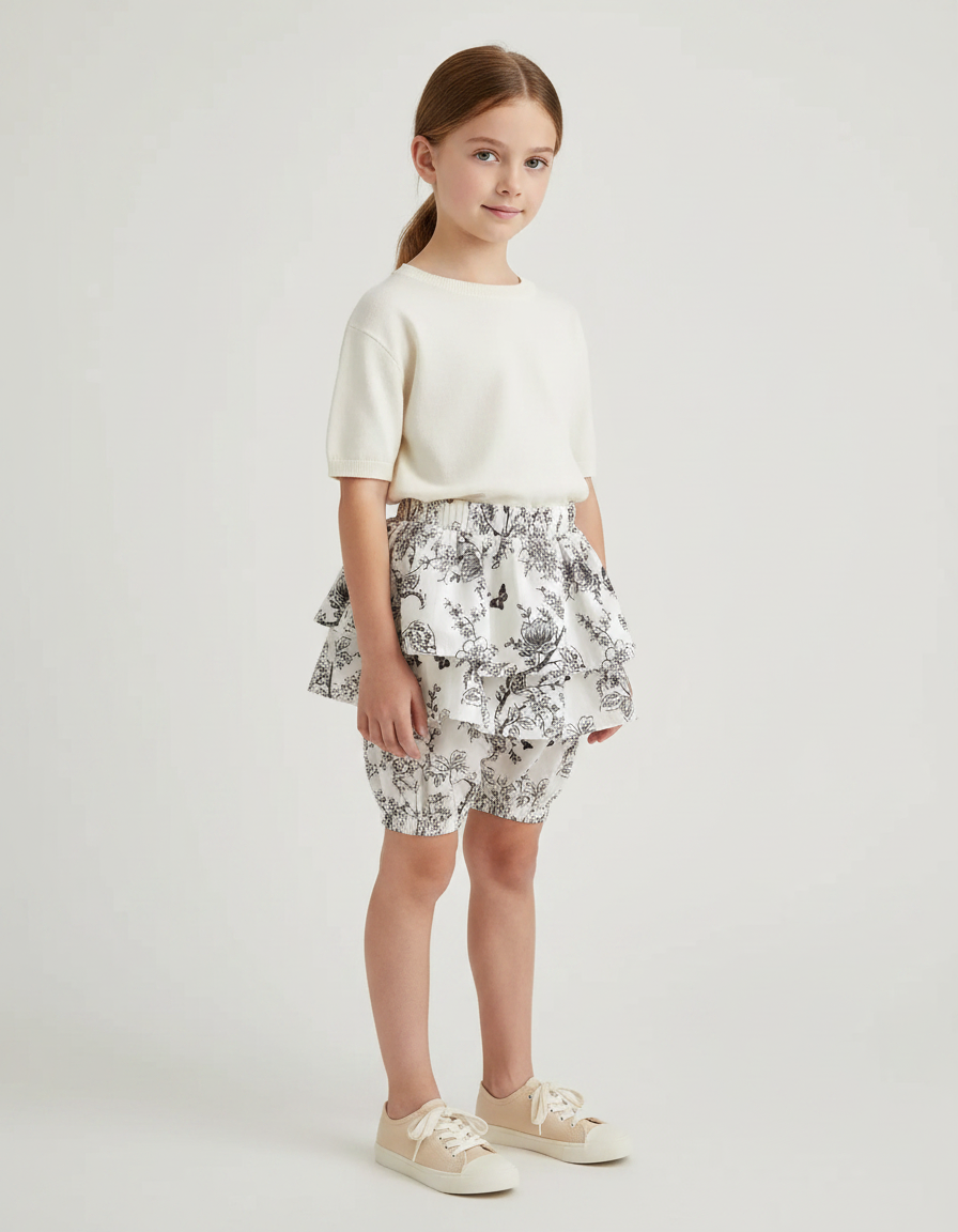 Pantalon Jupe Blanc Volants Imprimé Floral Fille - Coton