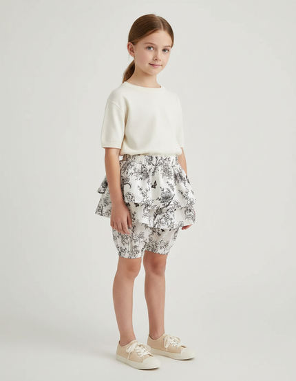 Pantalon Jupe Blanc Volants Imprimé Floral Fille - Coton