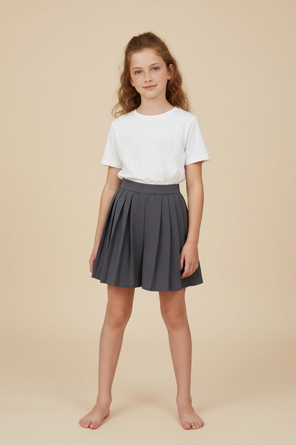 Pantalon Jupe Gris Plissé Courte Décontractée Fille - Polyester