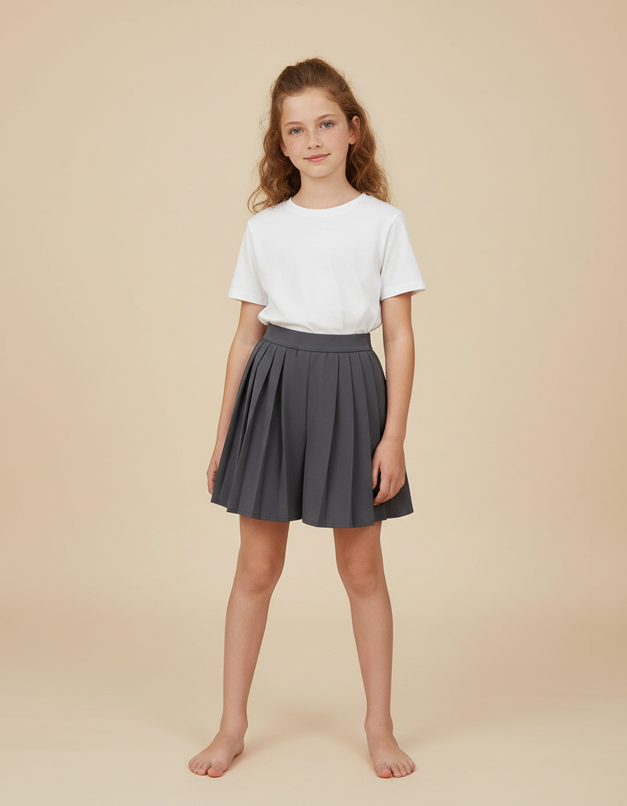 Pantalon Jupe Gris Plissé Courte Décontractée Fille - Polyester