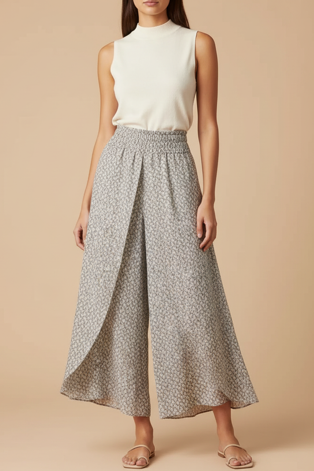 Pantalon Jupe Fluide Imprimé Taille Haute Évasé Élégant - Viscose