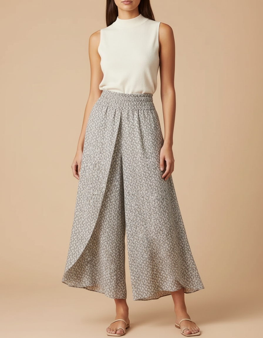 Pantalon Jupe Fluide Imprimé Taille Haute Évasé Élégant - Viscose
