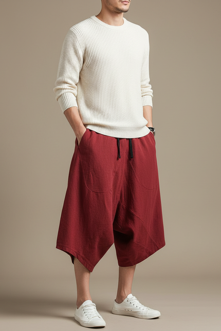 Pantalon Jupe Coton Lin Ample Rouge Homme
