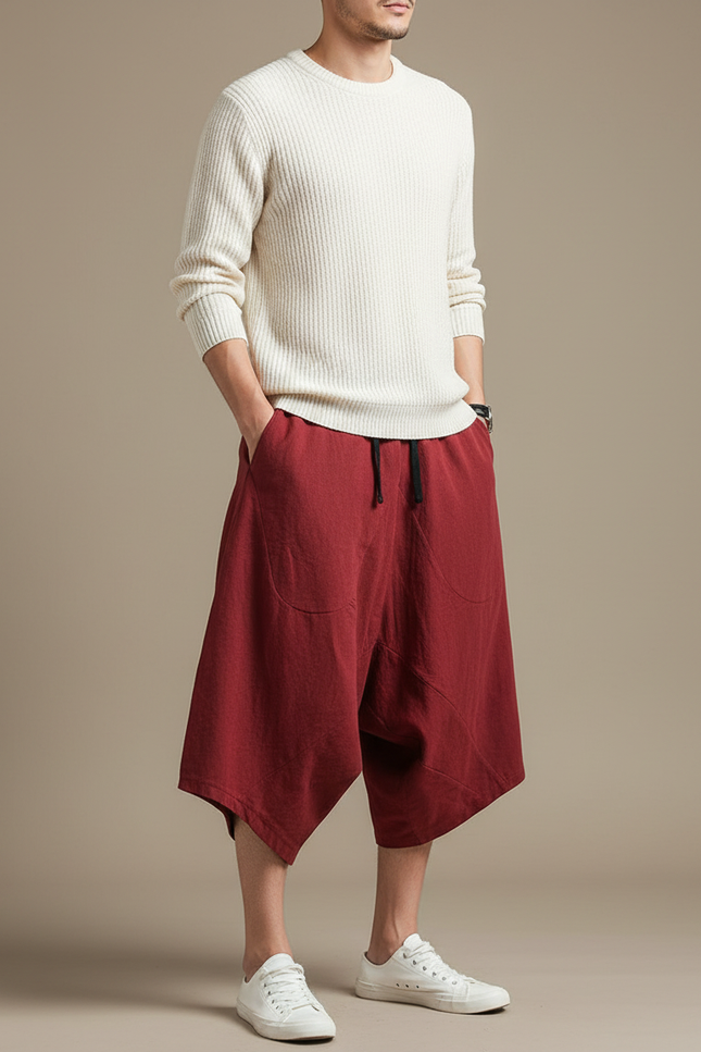 Pantalon Jupe Coton Lin Ample Rouge Homme