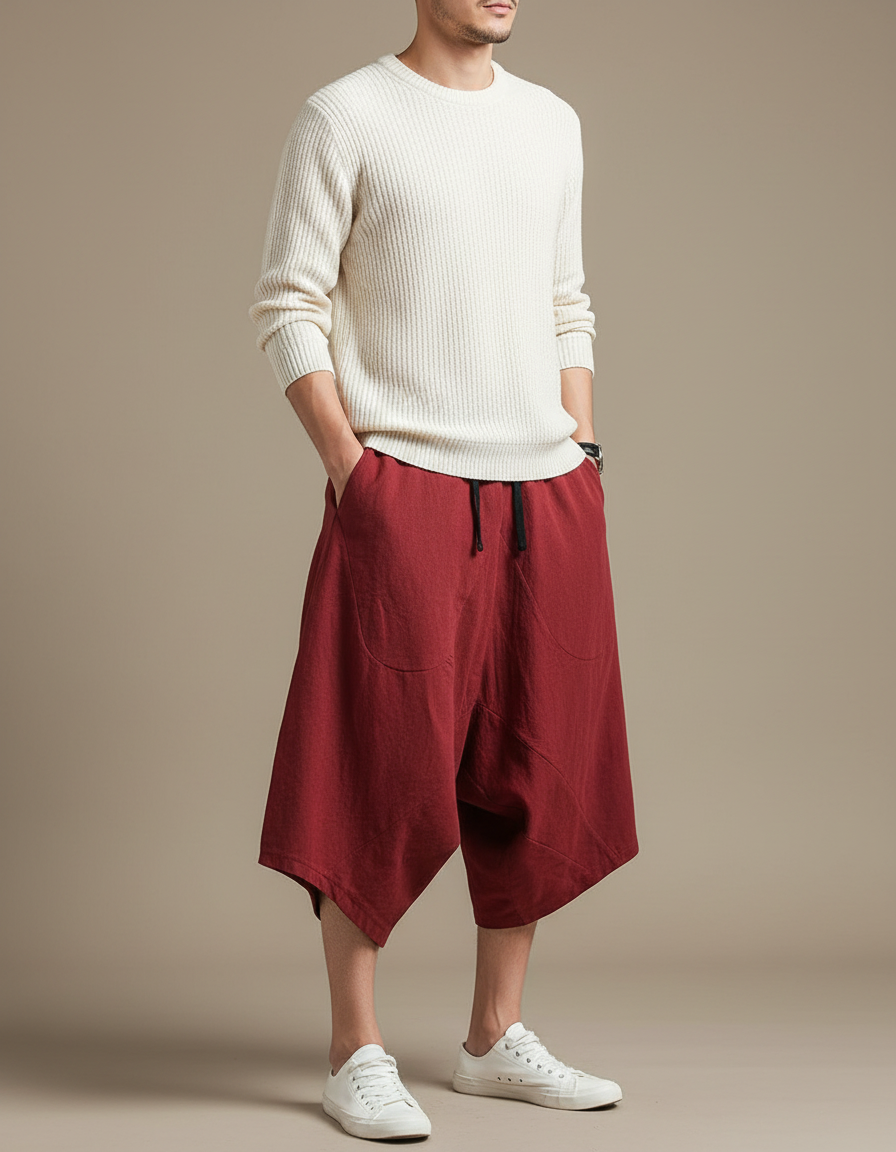 Pantalon Jupe Coton Lin Ample Rouge Homme