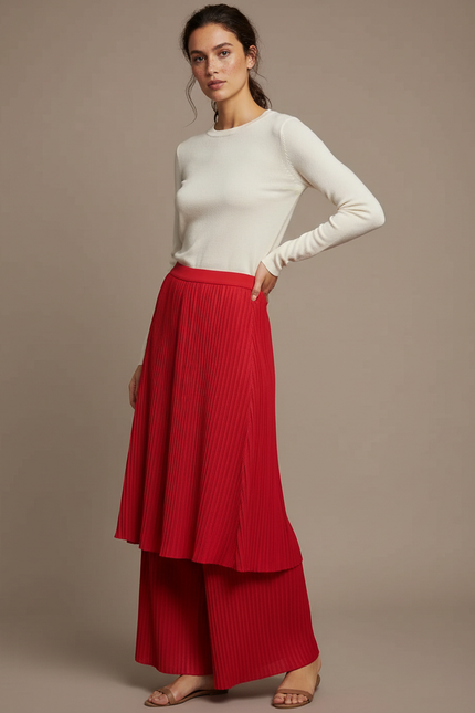 Pantalon Jupe Plissé Rouge Fluide Ample Élégant - Maille