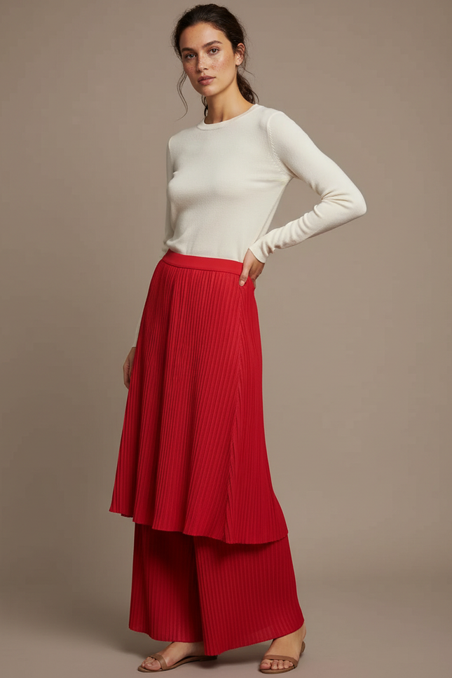 Pantalon Jupe Plissé Rouge Fluide Ample Élégant - Maille