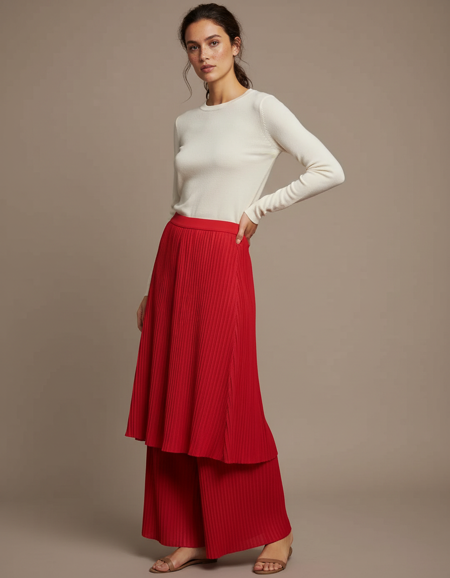 Pantalon Jupe Plissé Rouge Fluide Ample Élégant - Maille