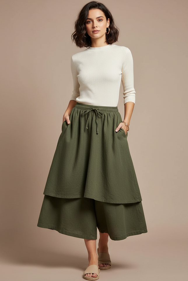 Pantalon Jupe Vert Militaire Ample Lin Superposé Décontracté - Kaki