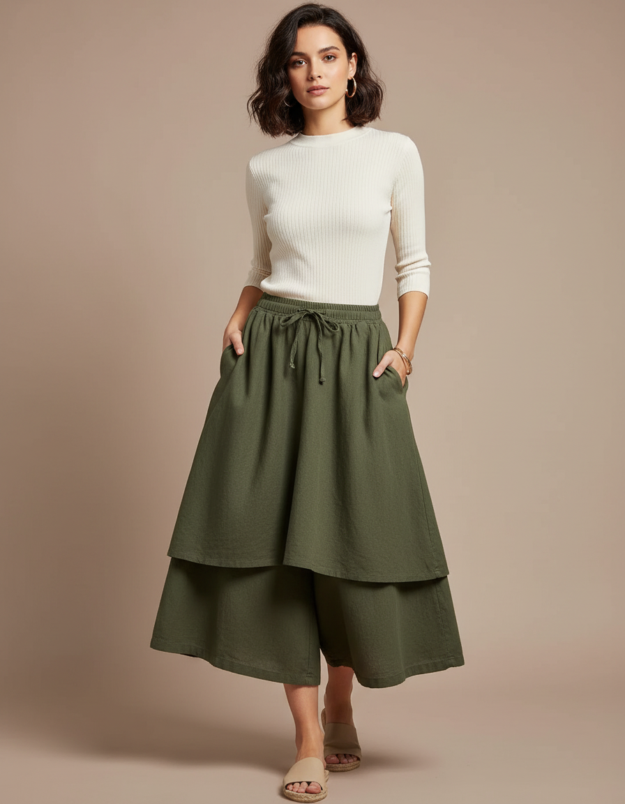 Pantalon Jupe Vert Militaire Ample Lin Superposé Décontracté - Kaki