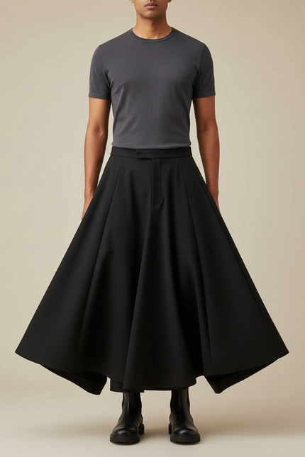 Pantalon Jupe Noir Plissé Ample Homme Moderne - Gabardine