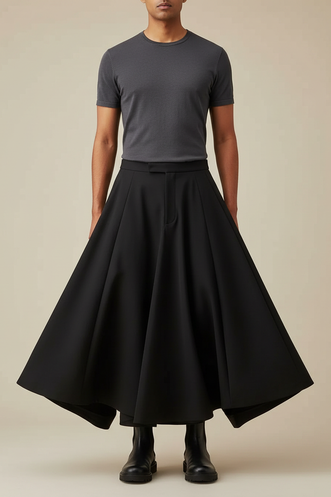 Pantalon Jupe Noir Plissé Ample Homme Moderne - Gabardine