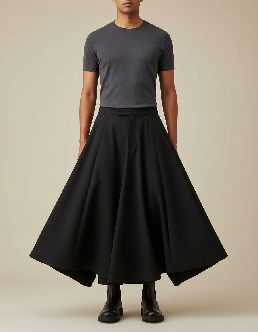 Pantalon Jupe Noir Plissé Ample Homme Moderne - Gabardine