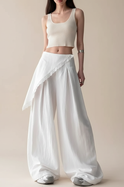 Pantalon Jupe Blanc Fluide Ample Dentelle Asymétrique - Lin