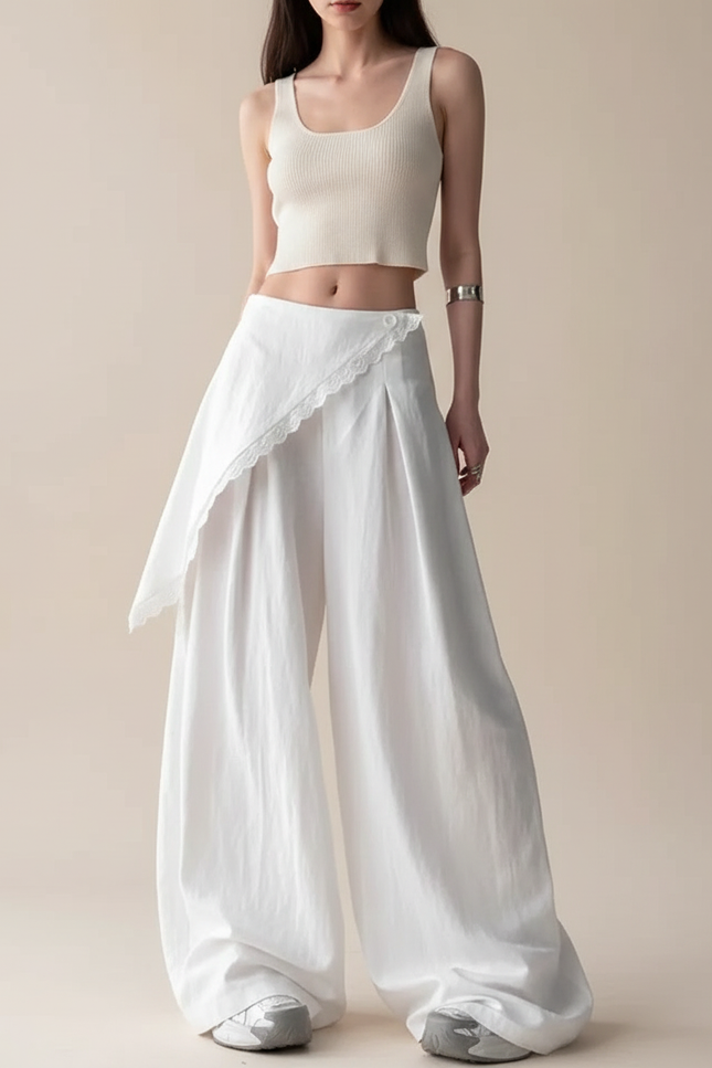 Pantalon Jupe Blanc Fluide Ample Dentelle Asymétrique - Lin