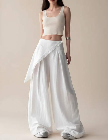 Pantalon Jupe Blanc Fluide Ample Dentelle Asymétrique - Lin
