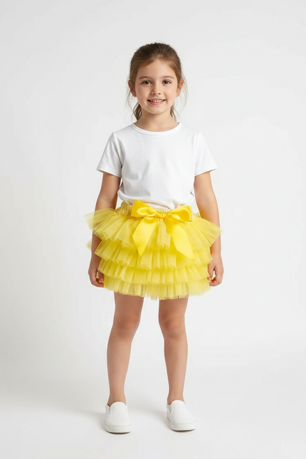 Pantalon Jupe Tulle Jaune Volants Nœud Fille - Polyester