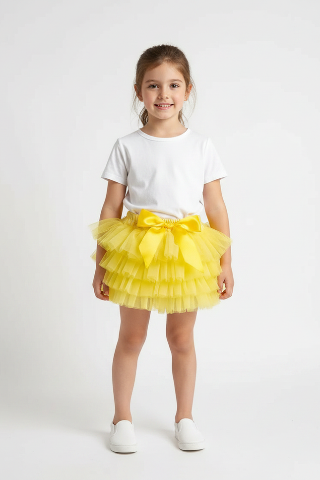 Pantalon Jupe Tulle Jaune Volants Nœud Fille - Polyester