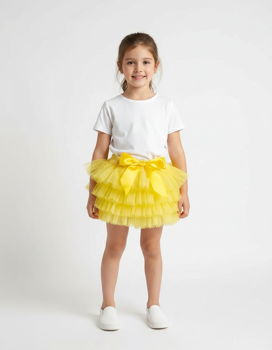 Pantalon Jupe Tulle Jaune Volants Nœud Fille - Polyester