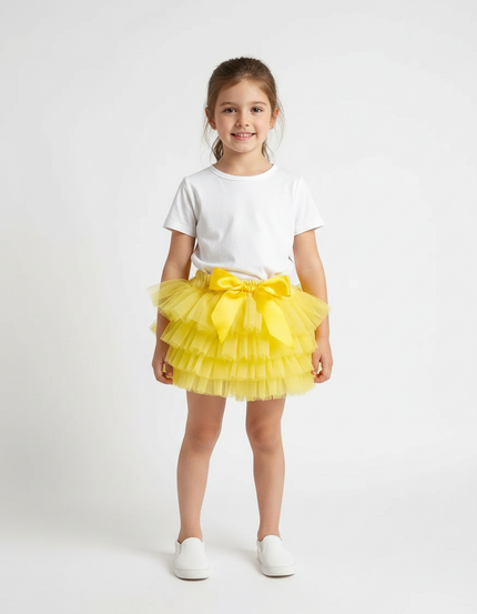 Pantalon Jupe Tulle Jaune Volants Nœud Fille - Polyester