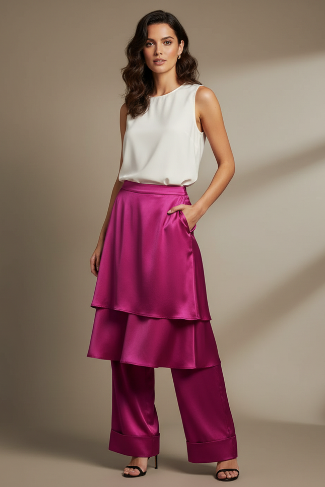 Pantalon Jupe Fuchsia Satin Fluide Superposé Élégant - Rose