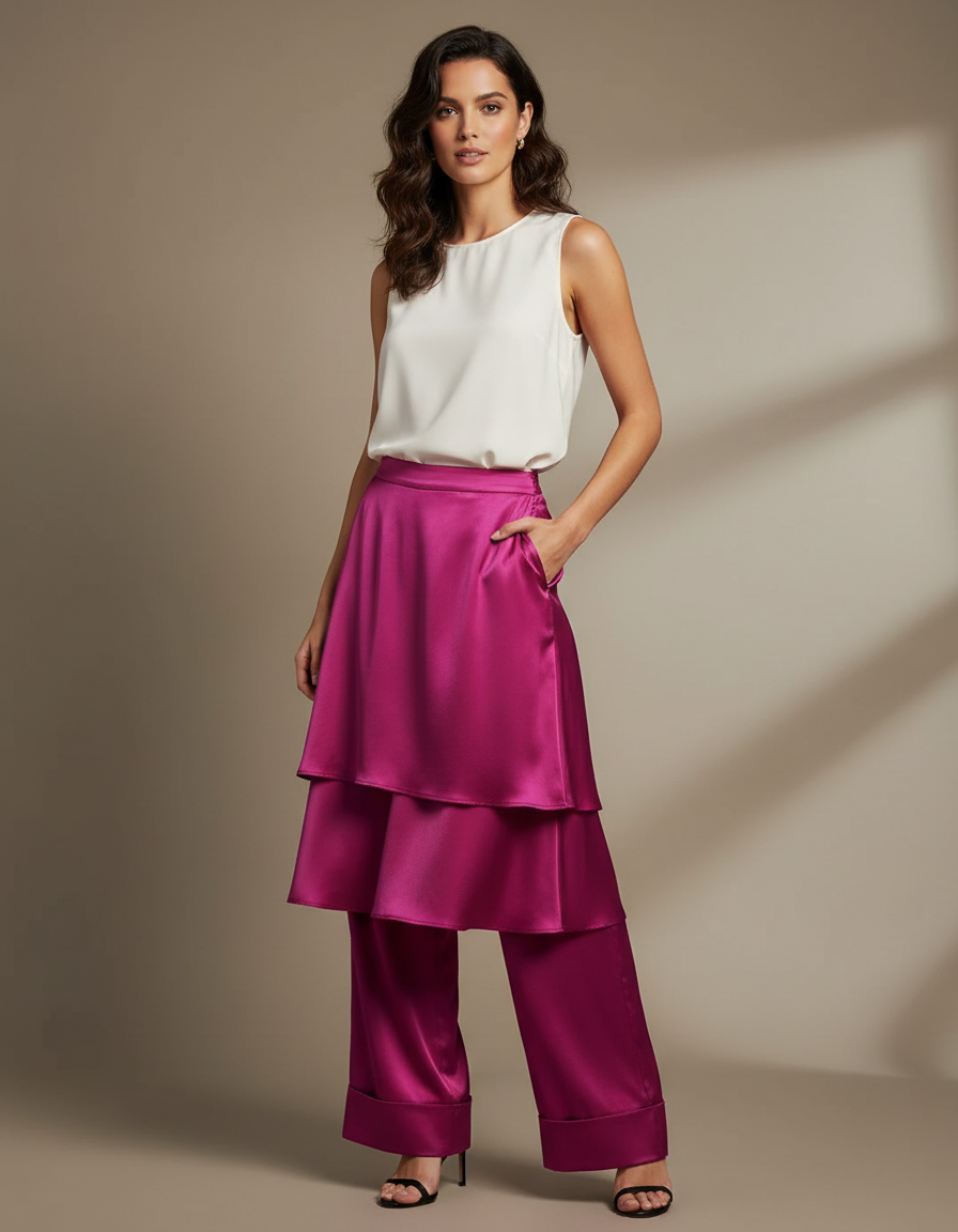Pantalon Jupe Fuchsia Satin Fluide Superposé Élégant - Rose