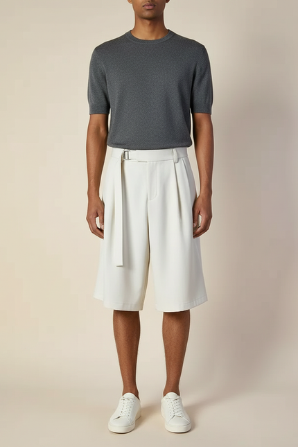 Pantalon Jupe Beige Plissé Ceinturé Ample Décontracté - Gabardine